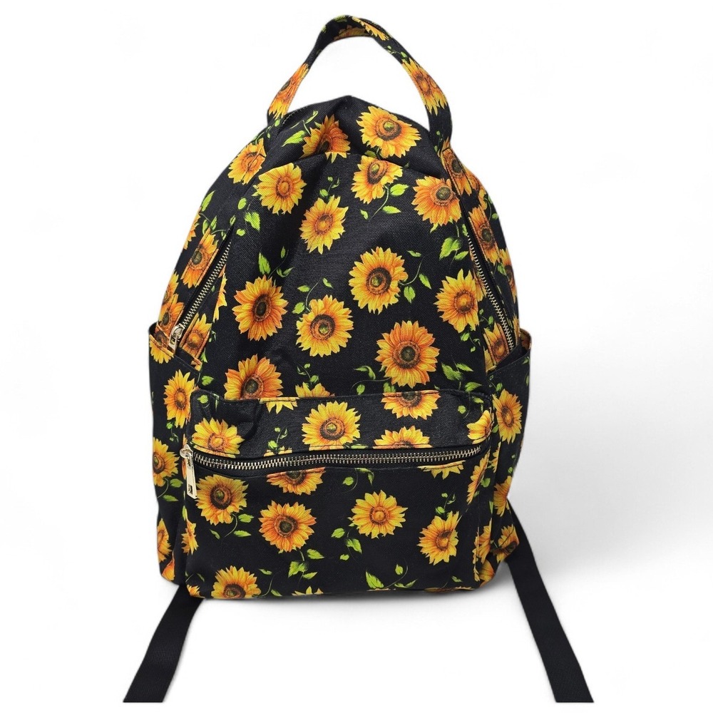 Sunflower Print Canvas Backpack Black Yellow Floral School Travel Bag